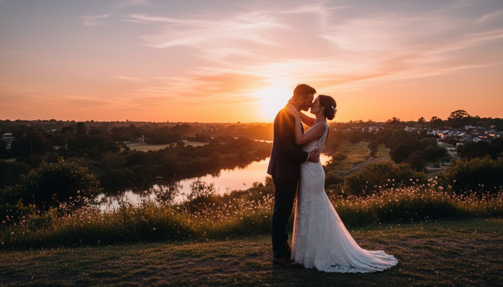 Authentic Maidstone wedding photography capturing joy with a stunning aerial shot of a couple embracing at sunset in a beautiful Maidstone park, dramatic golden hour light, epic moment.