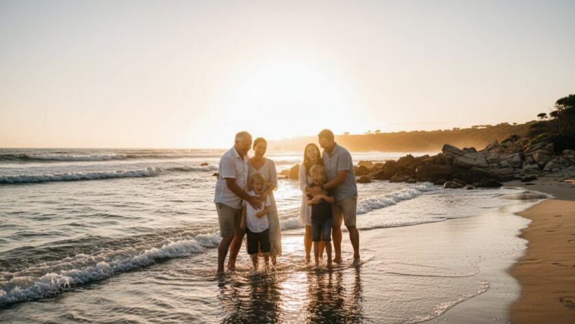A heartwarming candid moment captured through authentic Mallacoota candid moments photography, featuring a family laughing joyfully on the golden sands of Mallacoota Inlet at sunset, with dramatic golden hour light illuminating their genuine expressions, professional color grading.
