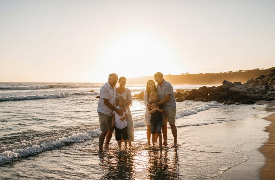 A heartwarming candid moment captured through authentic Mallacoota candid moments photography, featuring a family laughing joyfully on the golden sands of Mallacoota Inlet at sunset, with dramatic golden hour light illuminating their genuine expressions, professional color grading.