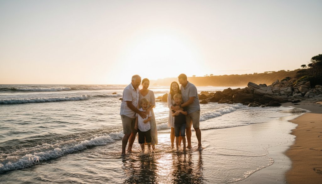 A heartwarming candid moment captured through authentic Mallacoota candid moments photography, featuring a family laughing joyfully on the golden sands of Mallacoota Inlet at sunset, with dramatic golden hour light illuminating their genuine expressions, professional color grading.