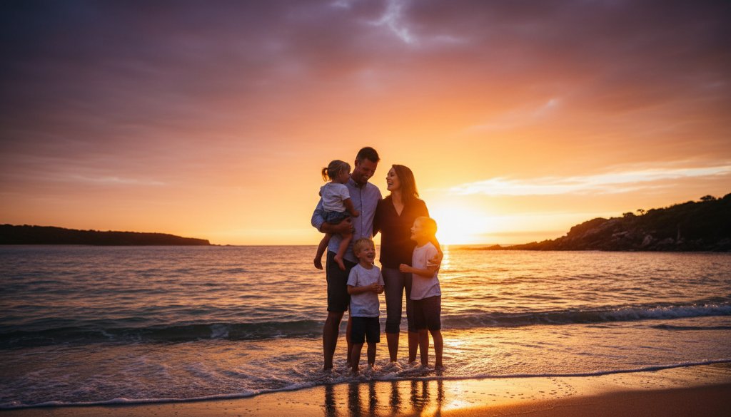 An authentic Mallacoota family photography adventures moment: A family of four, silhouetted against a dramatic Mallacoota sunset over the tranquil inlet, with the parents playfully swinging their two young children by their arms, all laughing joyfully, captured with professional color grading and cinematic lighting.