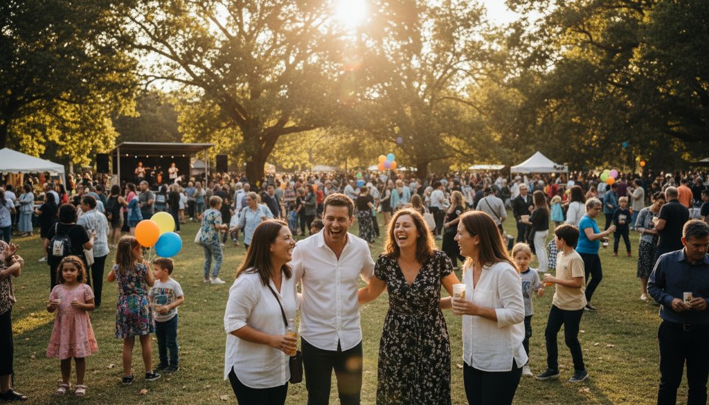 Capturing an authentic Malvern East community event photography moment: a vibrant street festival scene with diverse people laughing and interacting, bathed in warm afternoon light, showcasing genuine connection and joy.