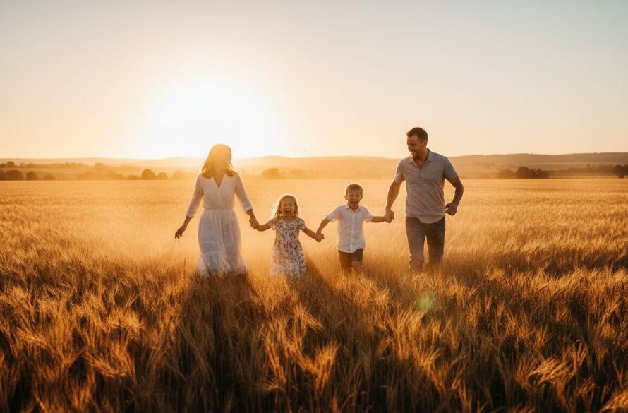 A family of four, parents laughing as their children play in a sun-drenched field near Marong, embodying authentic Marong family photography capturing cherished moments. Golden hour light creates a warm glow, capturing pure joy and connection.