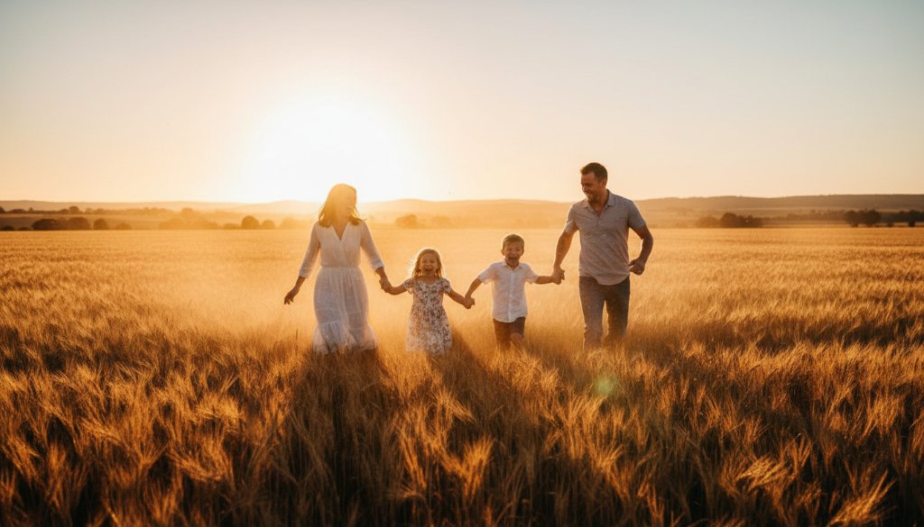 A family of four, parents laughing as their children play in a sun-drenched field near Marong, embodying authentic Marong family photography capturing cherished moments. Golden hour light creates a warm glow, capturing pure joy and connection.