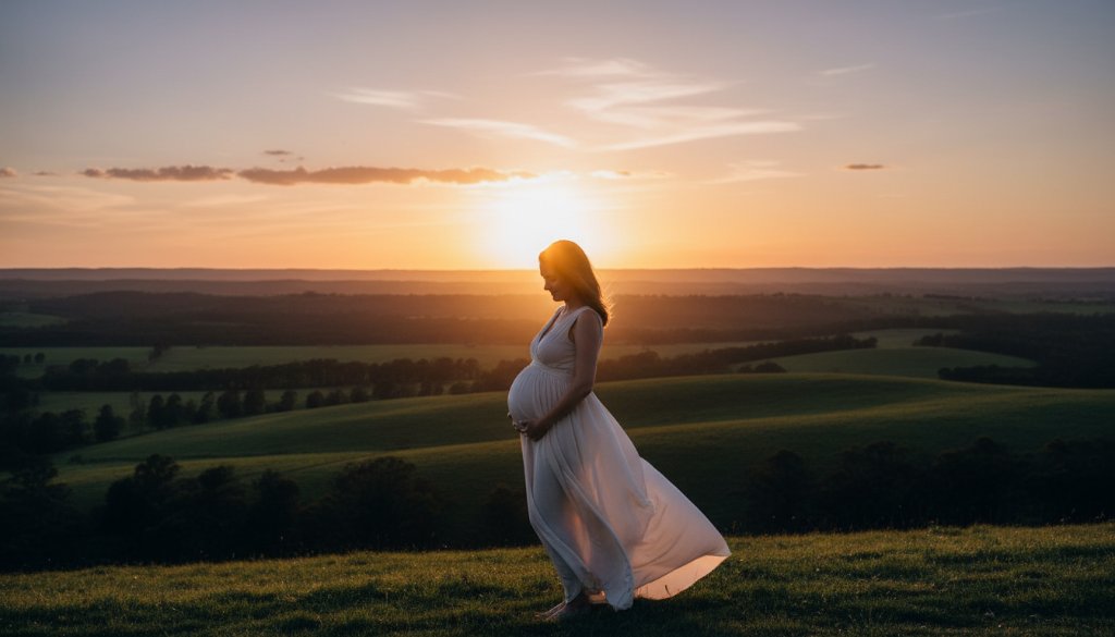 A radiant expectant mother, captured in authentic maternity photography Churchill Victoria, stands silhouetted against a dramatic sunset over rolling hills near Strzelecki Ranges, her hand gently cradling her belly, embodying a serene and powerful moment.
