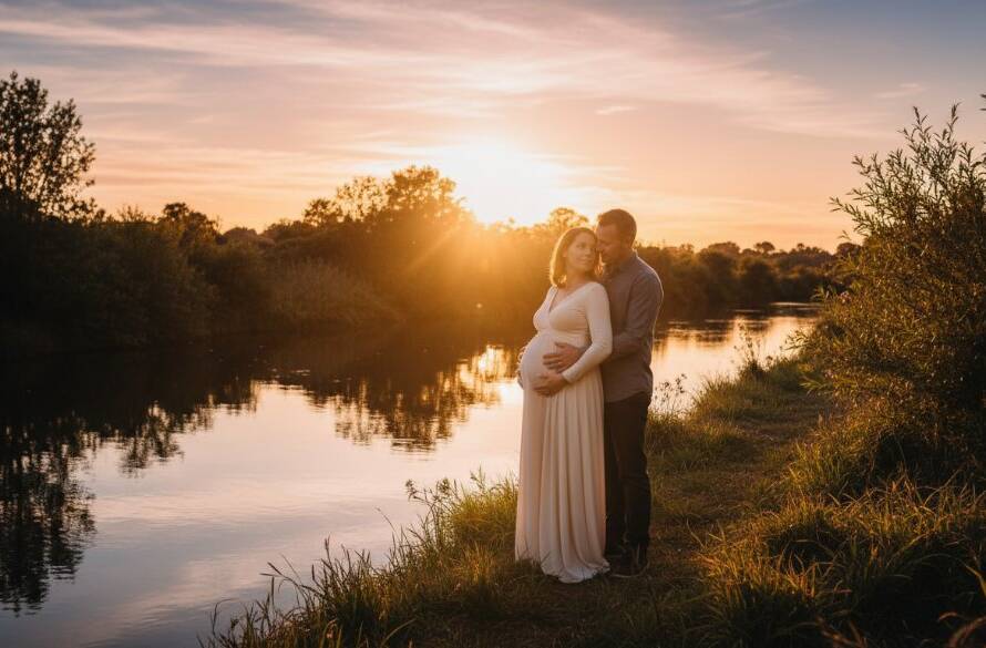 An epic moment captured in authentic maternity photography Sunshine North Victoria, featuring a radiant pregnant woman silhouetted against a golden sunset over the Maribyrnong River, her partner gently embracing her from behind, showcasing the beautiful connection and anticipation in a professionally graded, cinematic style.