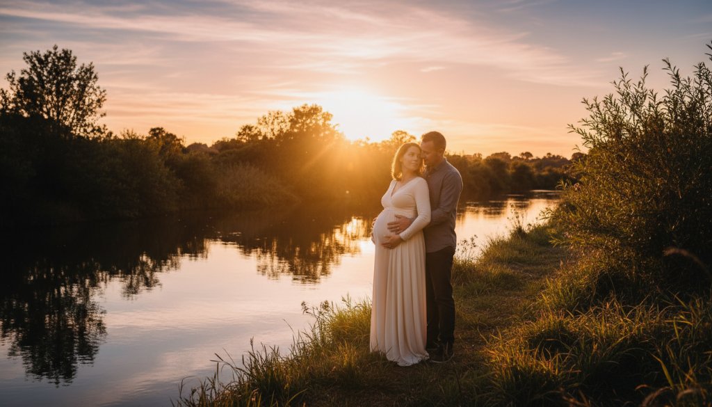 An epic moment captured in authentic maternity photography Sunshine North Victoria, featuring a radiant pregnant woman silhouetted against a golden sunset over the Maribyrnong River, her partner gently embracing her from behind, showcasing the beautiful connection and anticipation in a professionally graded, cinematic style.