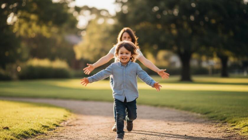 An authentic McKinnon family candid photography moment featuring a child laughing joyfully while playing in a leafy park, captured with dramatic backlight and professional colour grading, showing genuine emotion.