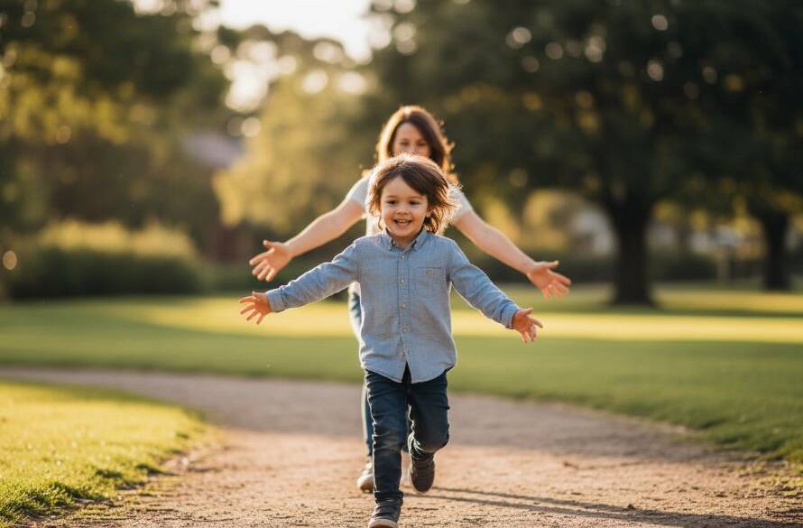 An authentic McKinnon family candid photography moment featuring a child laughing joyfully while playing in a leafy park, captured with dramatic backlight and professional colour grading, showing genuine emotion.