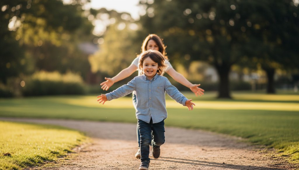 An authentic McKinnon family candid photography moment featuring a child laughing joyfully while playing in a leafy park, captured with dramatic backlight and professional colour grading, showing genuine emotion.