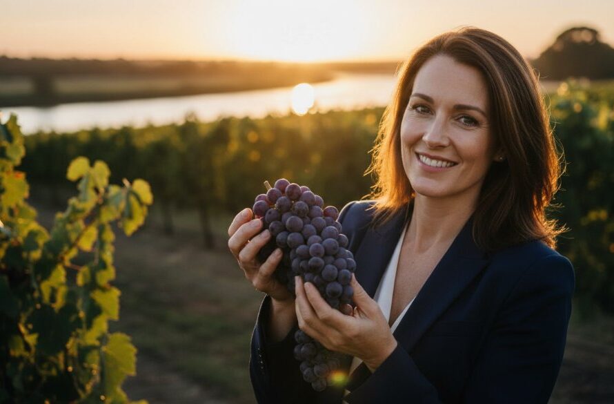 A Merbein winemaker proudly holding a bottle of their craft, bathed in golden hour light with expansive vineyards stretching into the distance, showcasing authentic Merbein brand photography for local businesses.