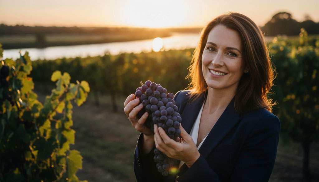 A Merbein winemaker proudly holding a bottle of their craft, bathed in golden hour light with expansive vineyards stretching into the distance, showcasing authentic Merbein brand photography for local businesses.