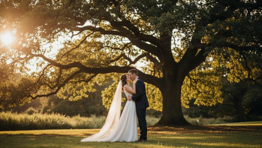 An intimate and emotionally charged moment captured through authentic Mitcham wedding photography storytelling, showing a newly married couple embracing at sunset in a beautiful Mitcham park, with golden hour light creating a warm, cinematic glow.