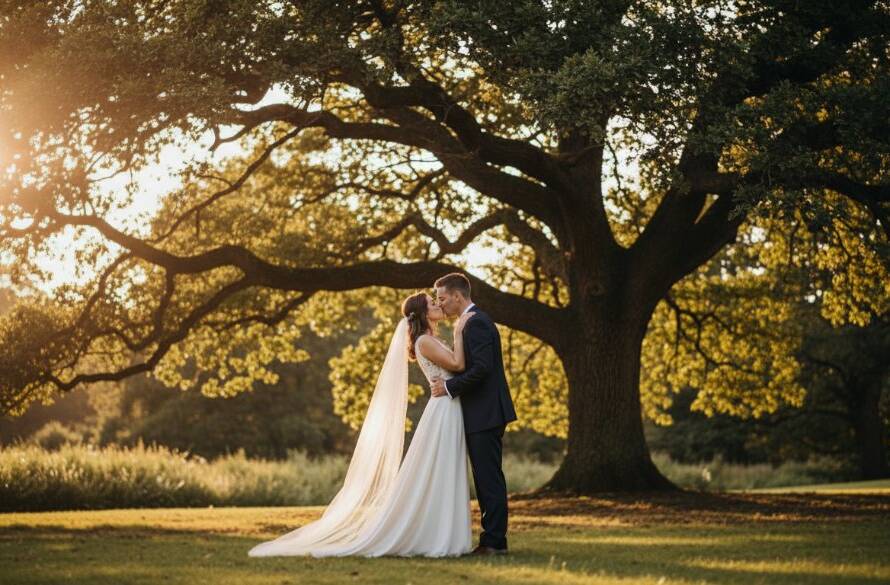 An intimate and emotionally charged moment captured through authentic Mitcham wedding photography storytelling, showing a newly married couple embracing at sunset in a beautiful Mitcham park, with golden hour light creating a warm, cinematic glow.