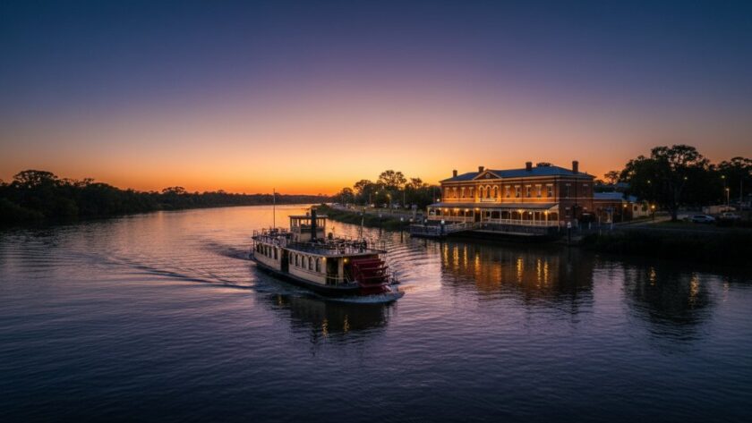 An 'epic moment' photograph showcasing the stunning late afternoon light on a heritage-listed brick building in Moama, capturing the intricate details and warm tones typical of authentic Moama border town architecture photography, with a historic paddle steamer faintly visible on the Murray River in the background.