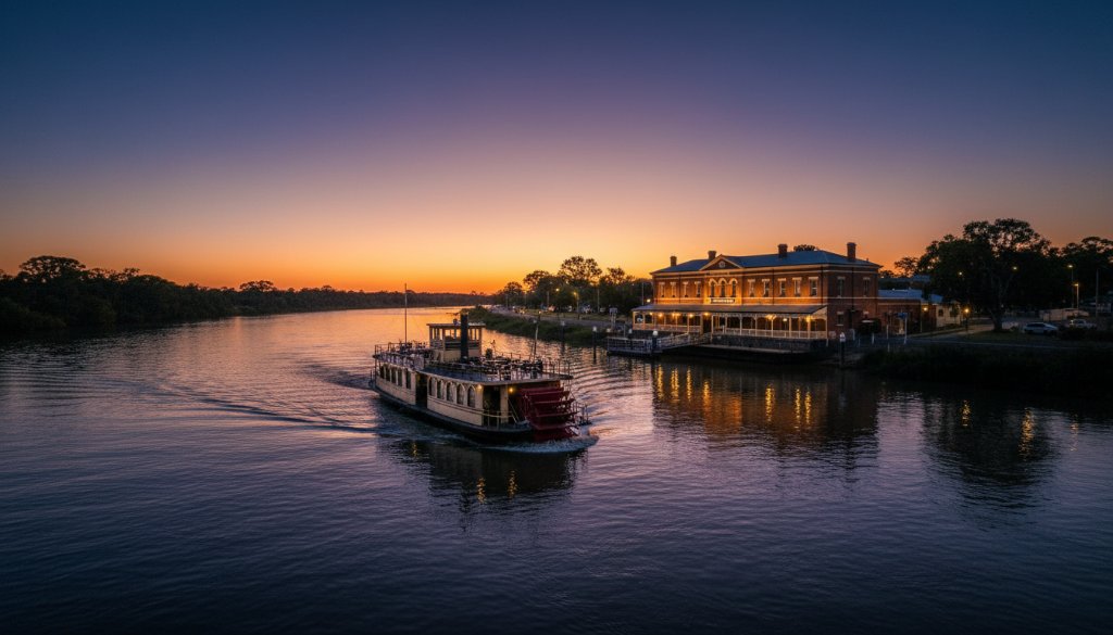 An 'epic moment' photograph showcasing the stunning late afternoon light on a heritage-listed brick building in Moama, capturing the intricate details and warm tones typical of authentic Moama border town architecture photography, with a historic paddle steamer faintly visible on the Murray River in the background.
