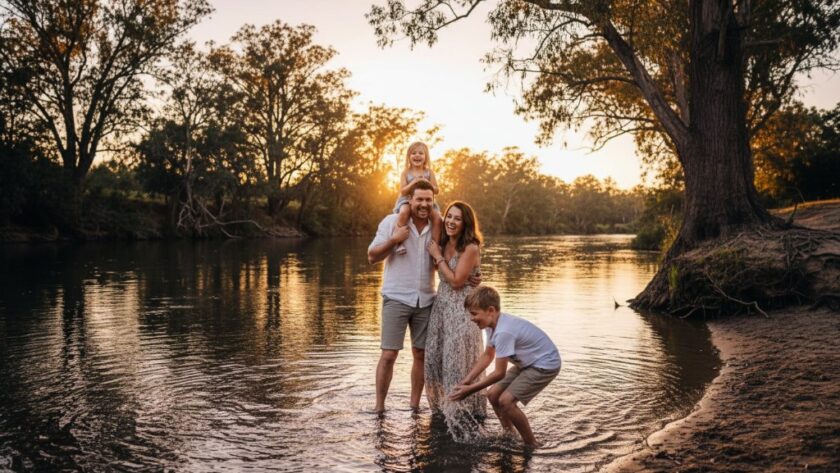 A heartwarming and authentic Moama candid photography moments shot of a family laughing joyfully by the Murray River at sunset, showcasing genuine connection and professional, cinematic lighting.