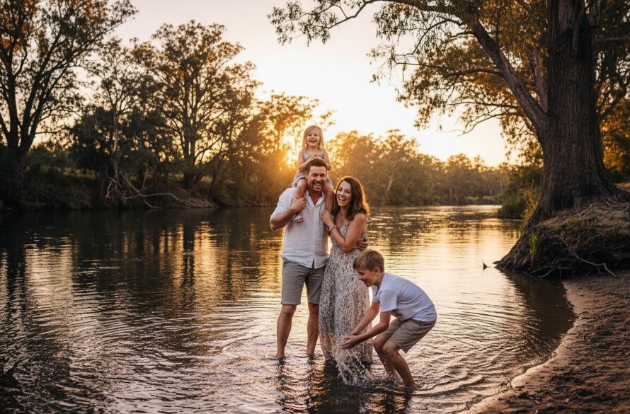 A heartwarming and authentic Moama candid photography moments shot of a family laughing joyfully by the Murray River at sunset, showcasing genuine connection and professional, cinematic lighting.