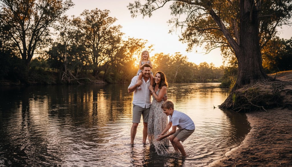 A heartwarming and authentic Moama candid photography moments shot of a family laughing joyfully by the Murray River at sunset, showcasing genuine connection and professional, cinematic lighting.
