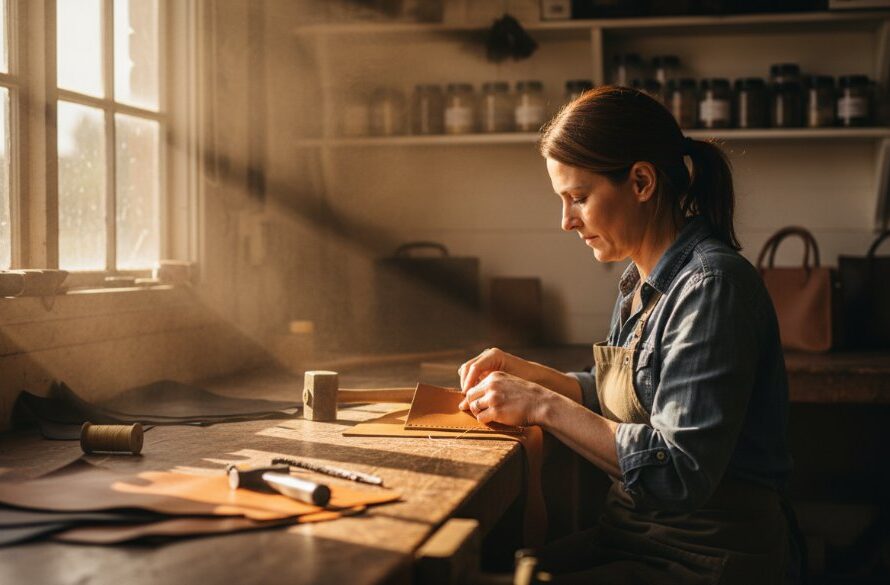 An inspiring, cinematically lit shot capturing a local Moe entrepreneur looking confidently at their successful artisan product in a rustic Moe workshop, embodying authentic Moe branding photography for Gippsland businesses with dramatic, warm lighting and shallow depth of field, showcasing their passion and dedication.