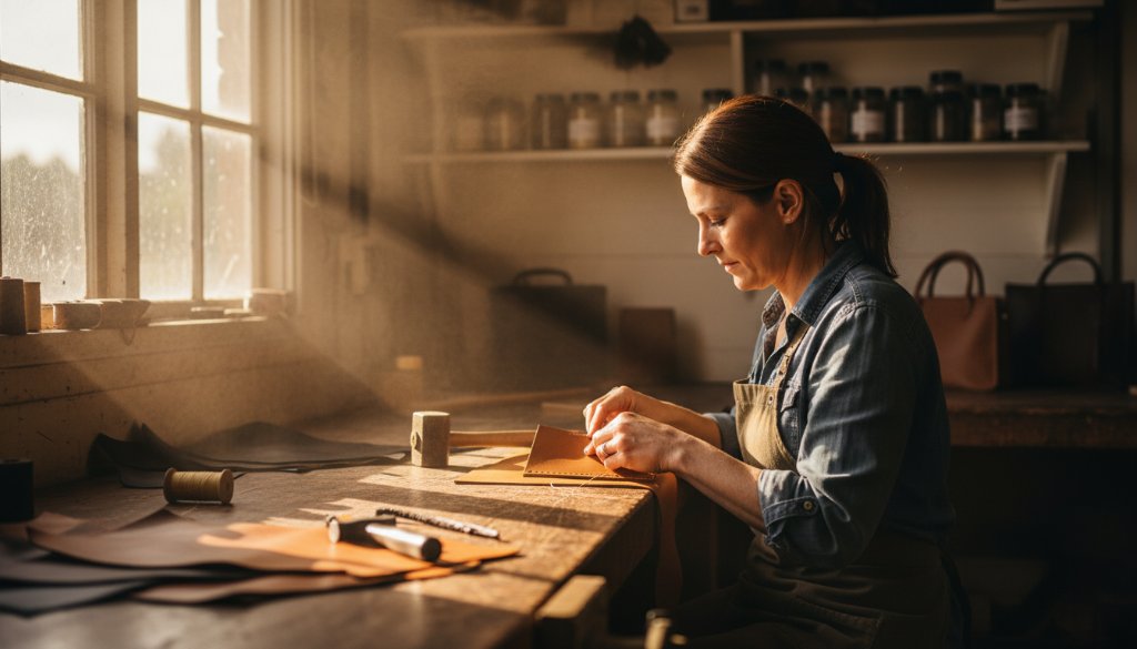 An inspiring, cinematically lit shot capturing a local Moe entrepreneur looking confidently at their successful artisan product in a rustic Moe workshop, embodying authentic Moe branding photography for Gippsland businesses with dramatic, warm lighting and shallow depth of field, showcasing their passion and dedication.