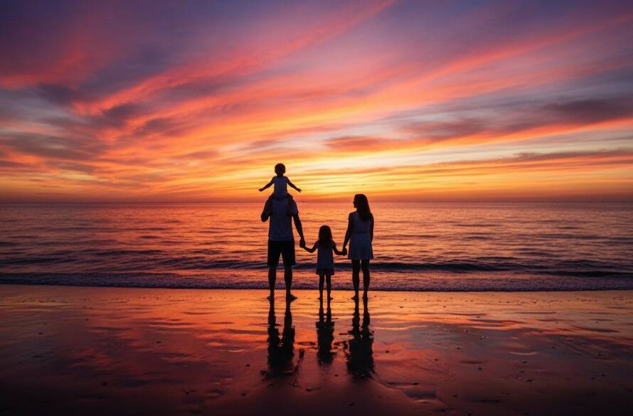 An authentic Mordialloc family photography beach memories shot of a family laughing joyfully, silhouetted against a dramatic sunset over Port Phillip Bay, with golden light reflecting on the water and creating an epic, professional-grade photograph.