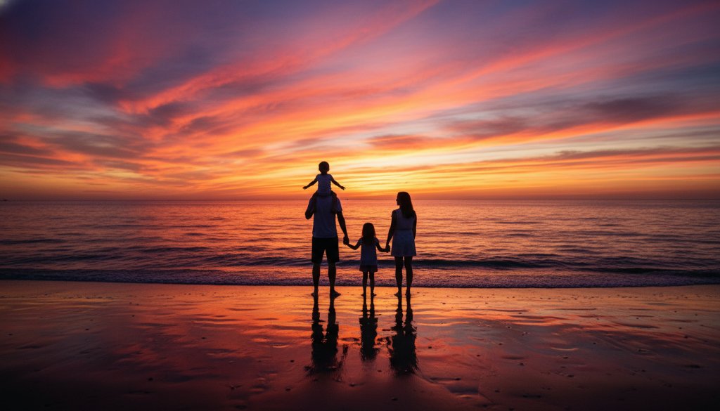 An authentic Mordialloc family photography beach memories shot of a family laughing joyfully, silhouetted against a dramatic sunset over Port Phillip Bay, with golden light reflecting on the water and creating an epic, professional-grade photograph.
