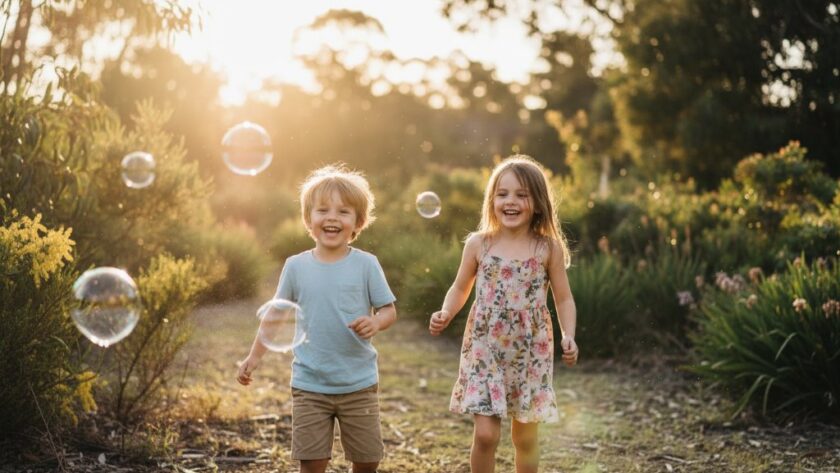 An authentic Morwell kids photography capturing genuine smiles with two siblings laughing joyfully amidst the lush greenery of Crinigan Bushland Reserve at golden hour, dramatic backlighting illuminating their playful interaction, professional color grading.