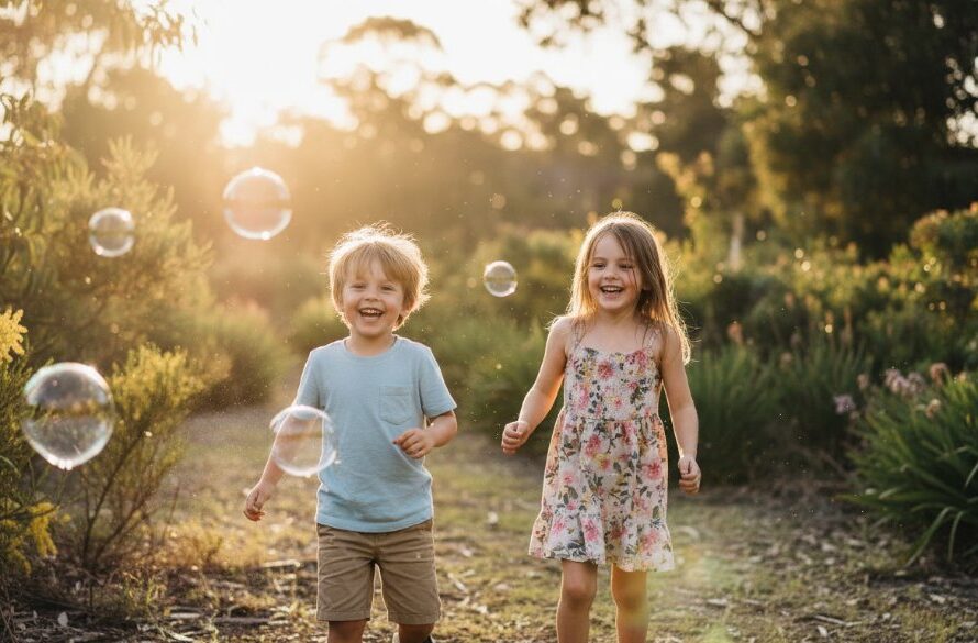 An authentic Morwell kids photography capturing genuine smiles with two siblings laughing joyfully amidst the lush greenery of Crinigan Bushland Reserve at golden hour, dramatic backlighting illuminating their playful interaction, professional color grading.