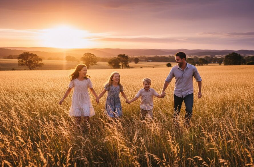An epic, professionally colour-graded photograph capturing an authentic Mount Helen family photography storytelling moment: a young family laughing joyfully as they walk through a sun-drenched, golden field near Mount Helen, Victoria, with dramatic lens flare and the majestic distant hills in the background, showcasing genuine connection and happiness.
