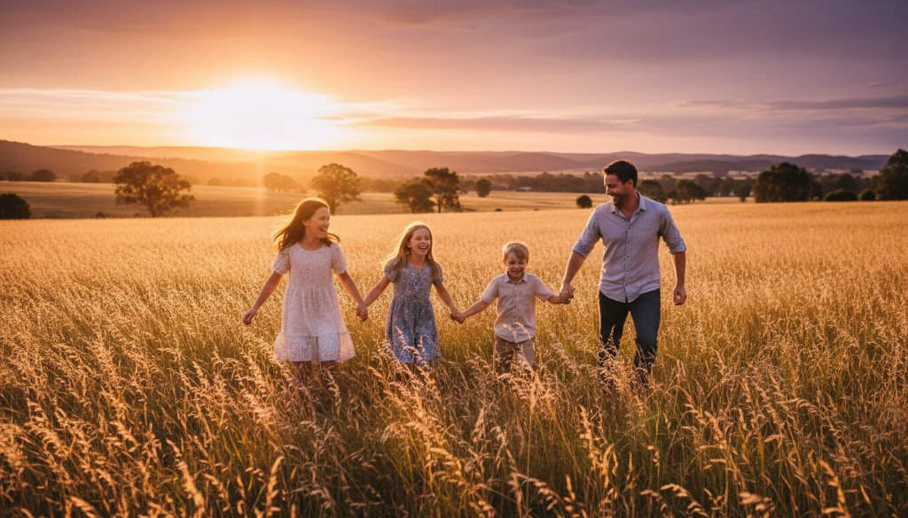 An epic, professionally colour-graded photograph capturing an authentic Mount Helen family photography storytelling moment: a young family laughing joyfully as they walk through a sun-drenched, golden field near Mount Helen, Victoria, with dramatic lens flare and the majestic distant hills in the background, showcasing genuine connection and happiness.