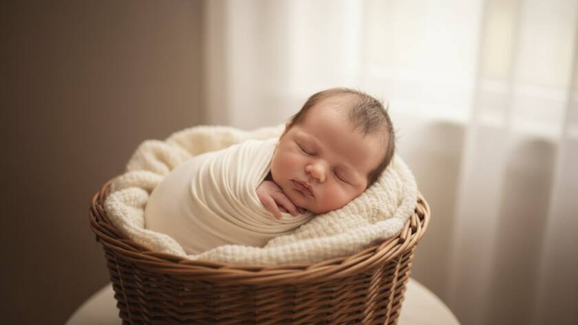 A heartwarming, softly lit, cinematic photograph capturing a newborn peacefully swaddled in a wicker basket, surrounded by ethereal light, symbolising authentic newborn photography Ashwood family memories.