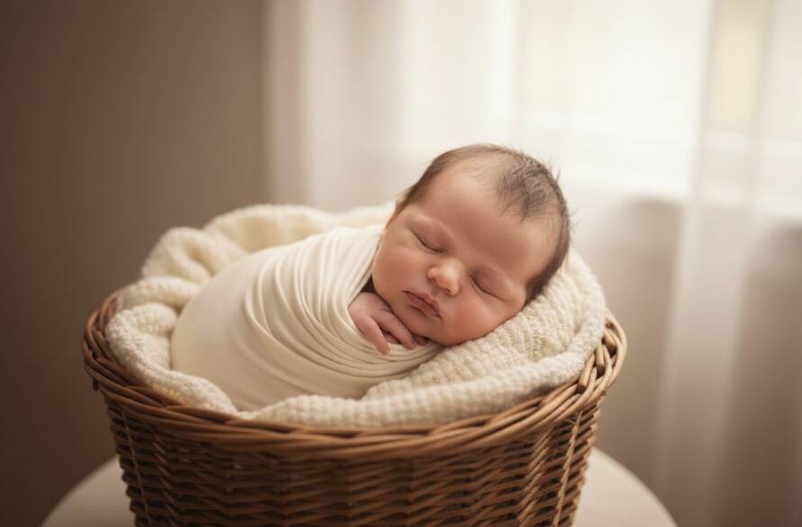 A heartwarming, softly lit, cinematic photograph capturing a newborn peacefully swaddled in a wicker basket, surrounded by ethereal light, symbolising authentic newborn photography Ashwood family memories.
