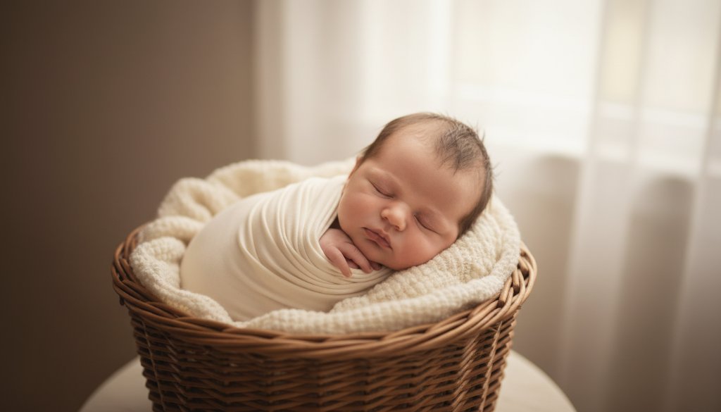 A heartwarming, softly lit, cinematic photograph capturing a newborn peacefully swaddled in a wicker basket, surrounded by ethereal light, symbolising authentic newborn photography Ashwood family memories.