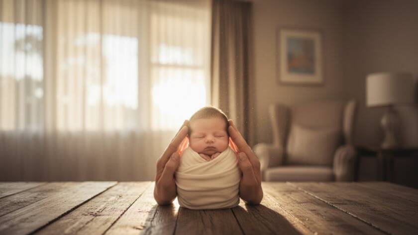 An intimate, emotionally resonant, and beautifully lit photograph capturing authentic newborn photography Balwyn families cherish, showing a sleeping baby swaddled gently in a soft, knitted blanket on a rustic wooden surface, with parents' hands protectively cradling the baby, bathed in a warm, ethereal glow from a nearby window in a serene Balwyn home, conveying profound love and new beginnings, professionally color-graded and cinematic.