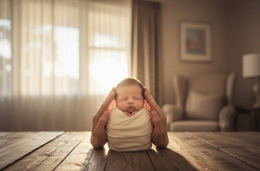 An intimate, emotionally resonant, and beautifully lit photograph capturing authentic newborn photography Balwyn families cherish, showing a sleeping baby swaddled gently in a soft, knitted blanket on a rustic wooden surface, with parents' hands protectively cradling the baby, bathed in a warm, ethereal glow from a nearby window in a serene Balwyn home, conveying profound love and new beginnings, professionally color-graded and cinematic.
