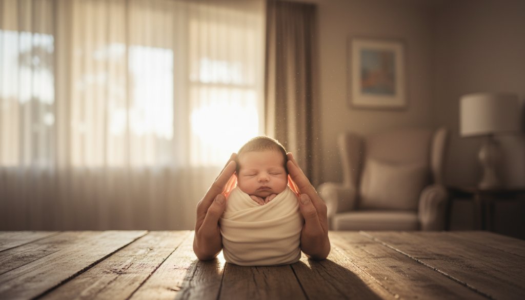 An intimate, emotionally resonant, and beautifully lit photograph capturing authentic newborn photography Balwyn families cherish, showing a sleeping baby swaddled gently in a soft, knitted blanket on a rustic wooden surface, with parents' hands protectively cradling the baby, bathed in a warm, ethereal glow from a nearby window in a serene Balwyn home, conveying profound love and new beginnings, professionally color-graded and cinematic.