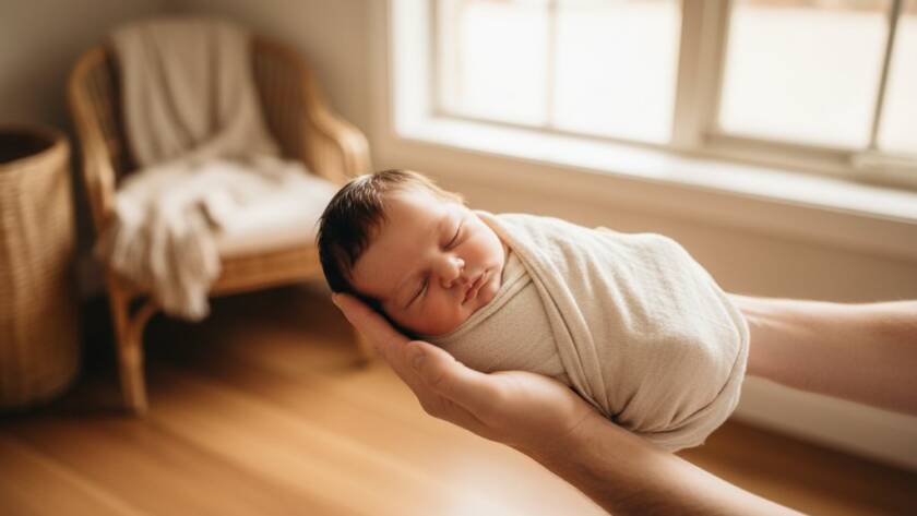 A heartwarming, professional wide-angle photograph capturing an authentic newborn photography Beaconsfield Victoria moment: a tiny baby's hand gently clasping a parent's finger, bathed in soft, ethereal natural light streaming through a window, with a shallow depth of field highlighting the delicate features of the baby, showcasing pure love and connection, cinematic and warmly color-graded.