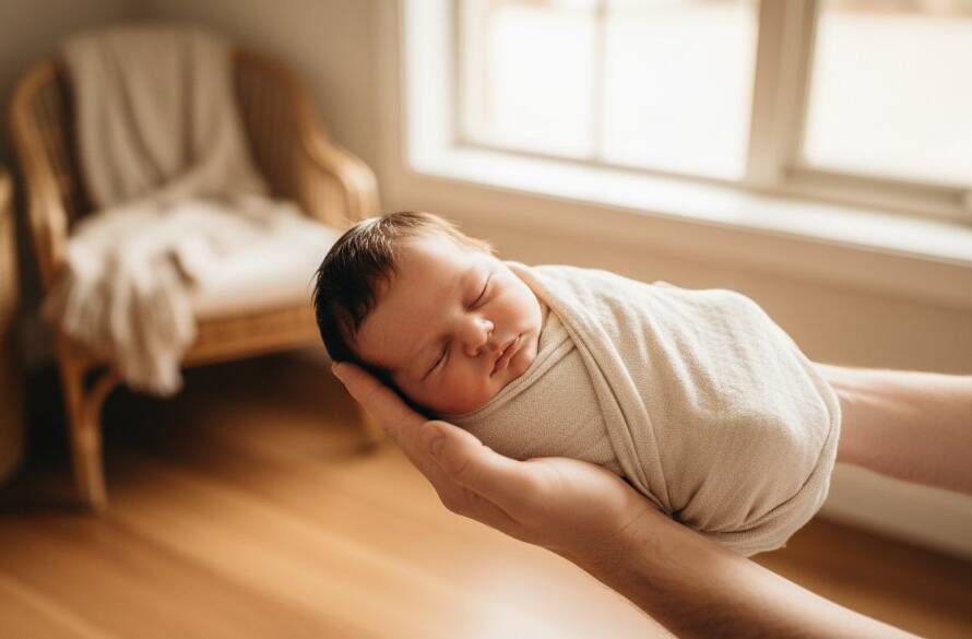 A heartwarming, professional wide-angle photograph capturing an authentic newborn photography Beaconsfield Victoria moment: a tiny baby's hand gently clasping a parent's finger, bathed in soft, ethereal natural light streaming through a window, with a shallow depth of field highlighting the delicate features of the baby, showcasing pure love and connection, cinematic and warmly color-graded.