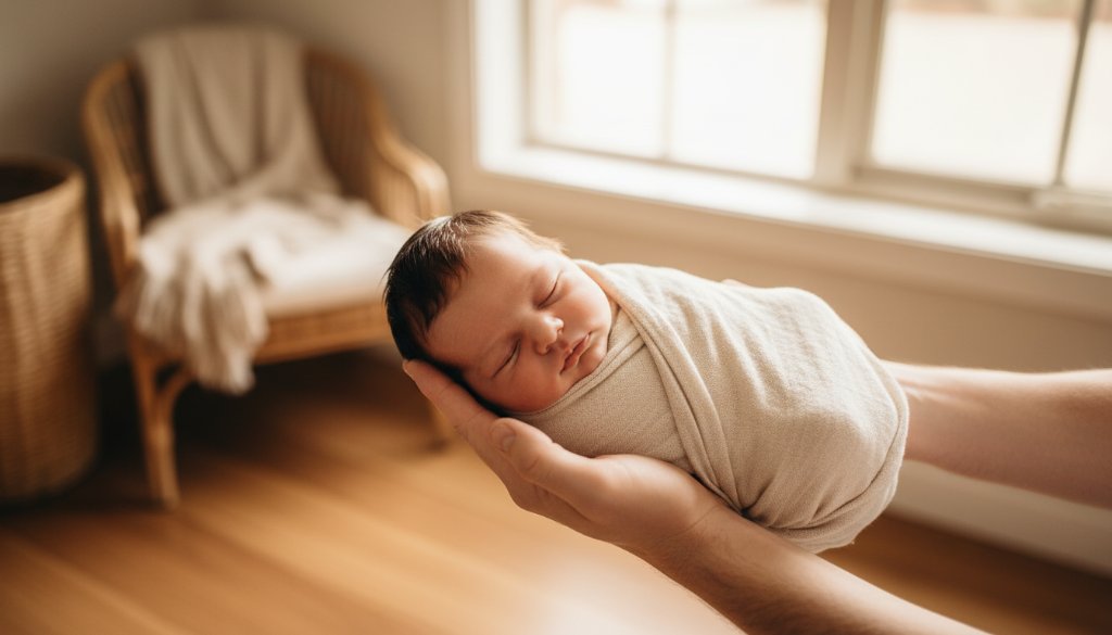 A heartwarming, professional wide-angle photograph capturing an authentic newborn photography Beaconsfield Victoria moment: a tiny baby's hand gently clasping a parent's finger, bathed in soft, ethereal natural light streaming through a window, with a shallow depth of field highlighting the delicate features of the baby, showcasing pure love and connection, cinematic and warmly color-graded.
