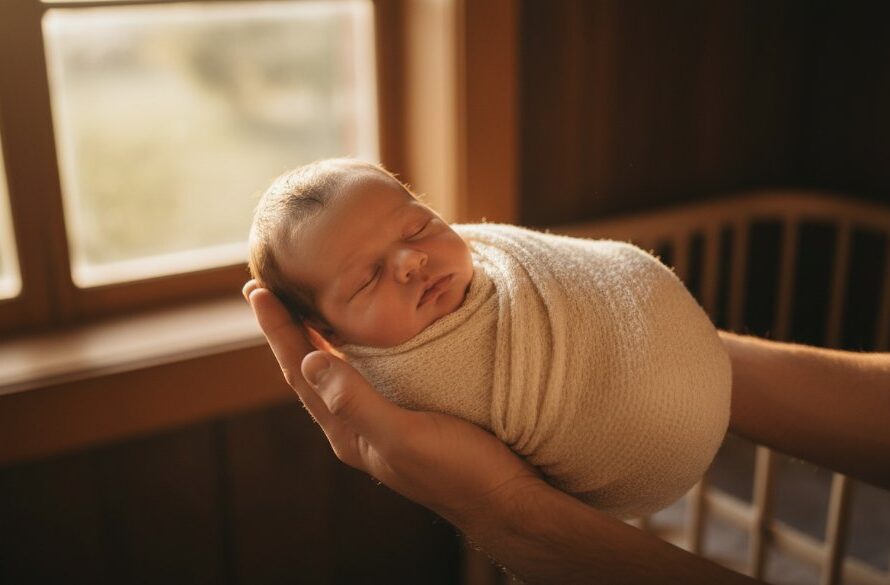 A tender and authentic newborn photography Brown Hill Victoria portrait, showcasing a sleeping baby cradled by a parent's hands, bathed in soft, ethereal light from a window overlooking the lush Brown Hill landscape, capturing a moment of pure serenity and new beginnings.