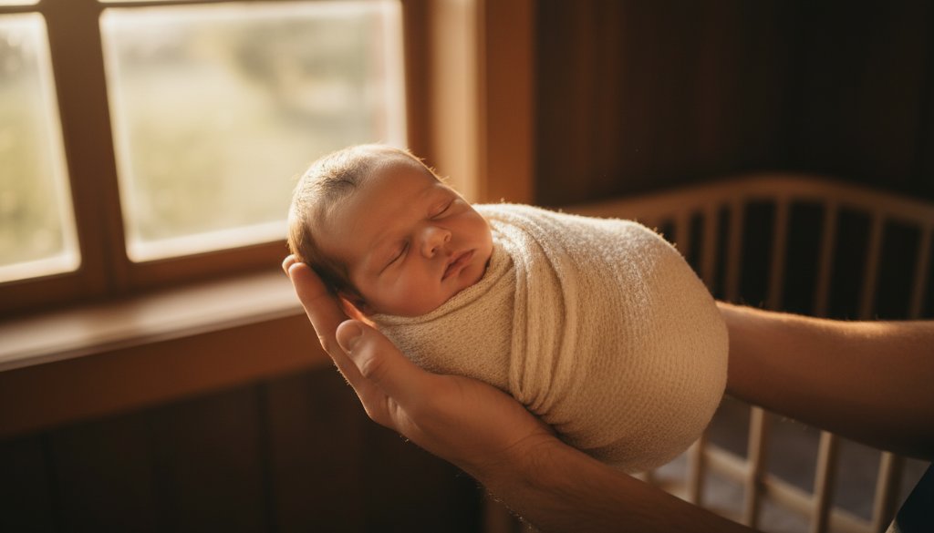 A tender and authentic newborn photography Brown Hill Victoria portrait, showcasing a sleeping baby cradled by a parent's hands, bathed in soft, ethereal light from a window overlooking the lush Brown Hill landscape, capturing a moment of pure serenity and new beginnings.