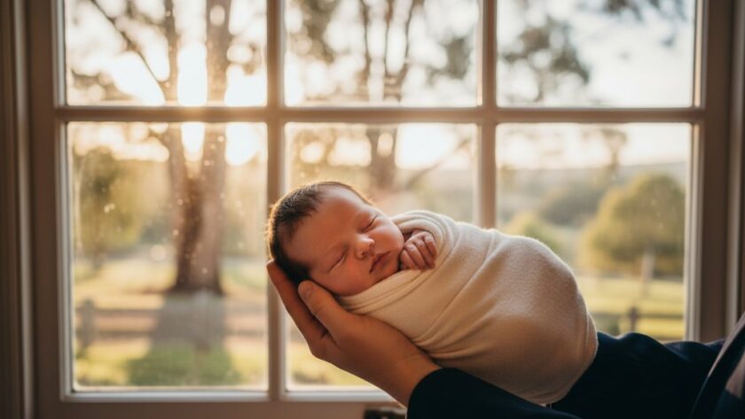 A tender, close-up shot of a sleeping baby's tiny hand gently grasping a parent's finger, bathed in soft, ethereal natural light from a window in a rustic Buninyong home, illustrating authentic newborn photography Buninyong Victoria.