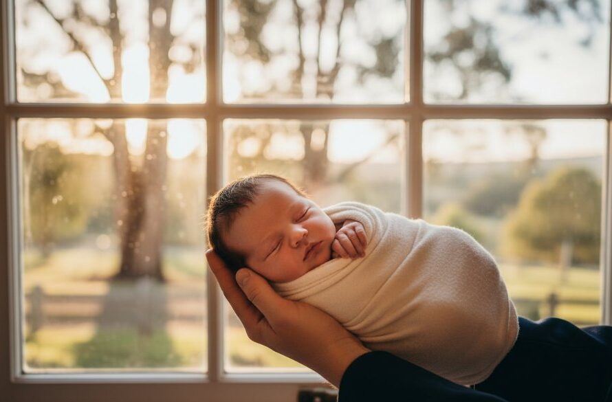 A tender, close-up shot of a sleeping baby's tiny hand gently grasping a parent's finger, bathed in soft, ethereal natural light from a window in a rustic Buninyong home, illustrating authentic newborn photography Buninyong Victoria.