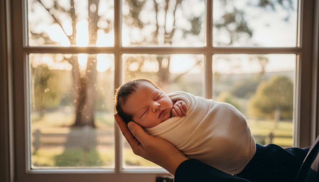 A tender, close-up shot of a sleeping baby's tiny hand gently grasping a parent's finger, bathed in soft, ethereal natural light from a window in a rustic Buninyong home, illustrating authentic newborn photography Buninyong Victoria.