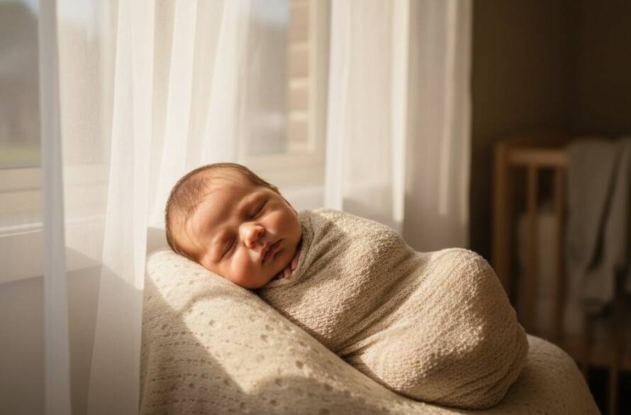 A heartwarming and ethereal photograph capturing an authentic newborn photography Burnside Victoria moment, featuring a peacefully sleeping baby swaddled in soft fabrics, bathed in a golden hour glow, with parents' hands gently cradling, evoking a sense of pure love and serenity.