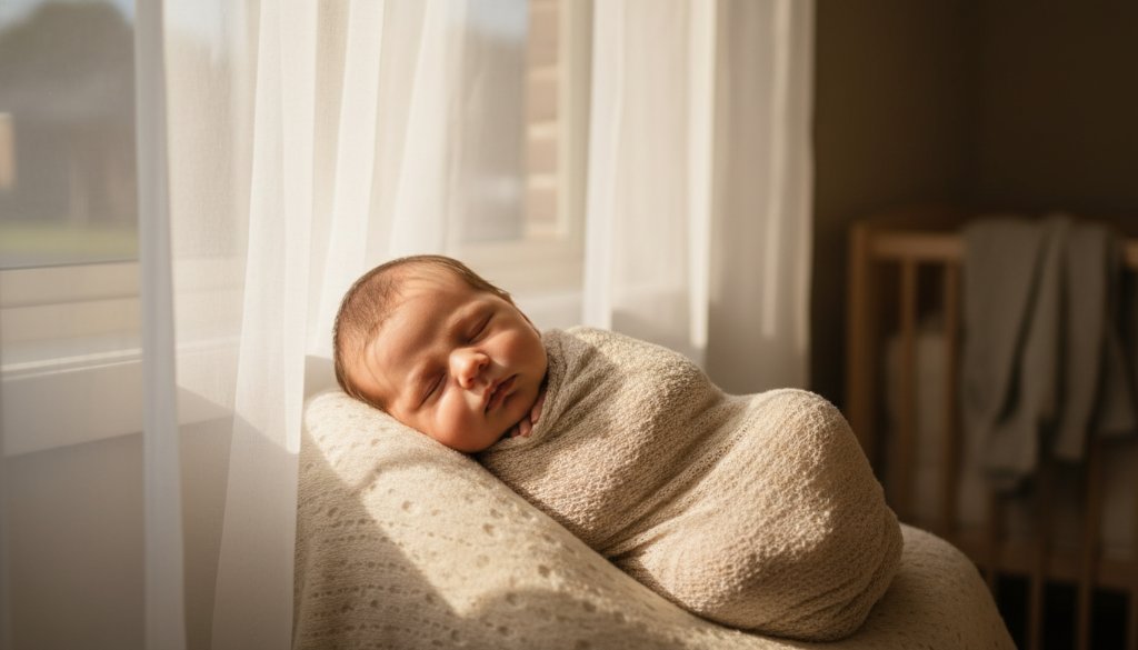 A heartwarming and ethereal photograph capturing an authentic newborn photography Burnside Victoria moment, featuring a peacefully sleeping baby swaddled in soft fabrics, bathed in a golden hour glow, with parents' hands gently cradling, evoking a sense of pure love and serenity.