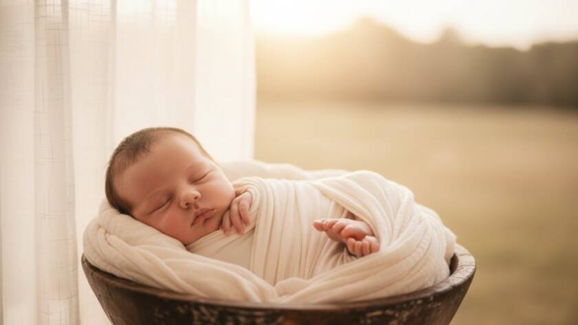 A breathtaking, warm-toned, close-up photograph capturing a peacefully sleeping newborn baby swaddled in soft organic fabric, nestled gently in a textured basket against a blurred natural light backdrop of Clyde's serene landscape, epitomising authentic newborn photography Clyde Victoria.