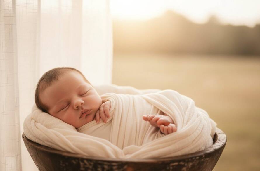 A breathtaking, warm-toned, close-up photograph capturing a peacefully sleeping newborn baby swaddled in soft organic fabric, nestled gently in a textured basket against a blurred natural light backdrop of Clyde's serene landscape, epitomising authentic newborn photography Clyde Victoria.