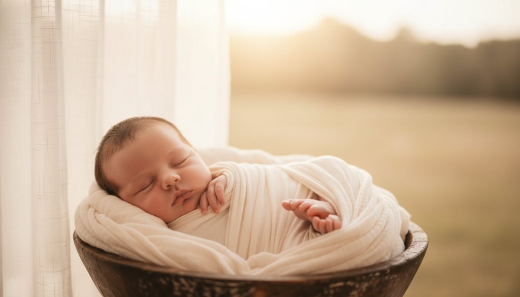 A breathtaking, warm-toned, close-up photograph capturing a peacefully sleeping newborn baby swaddled in soft organic fabric, nestled gently in a textured basket against a blurred natural light backdrop of Clyde's serene landscape, epitomising authentic newborn photography Clyde Victoria.
